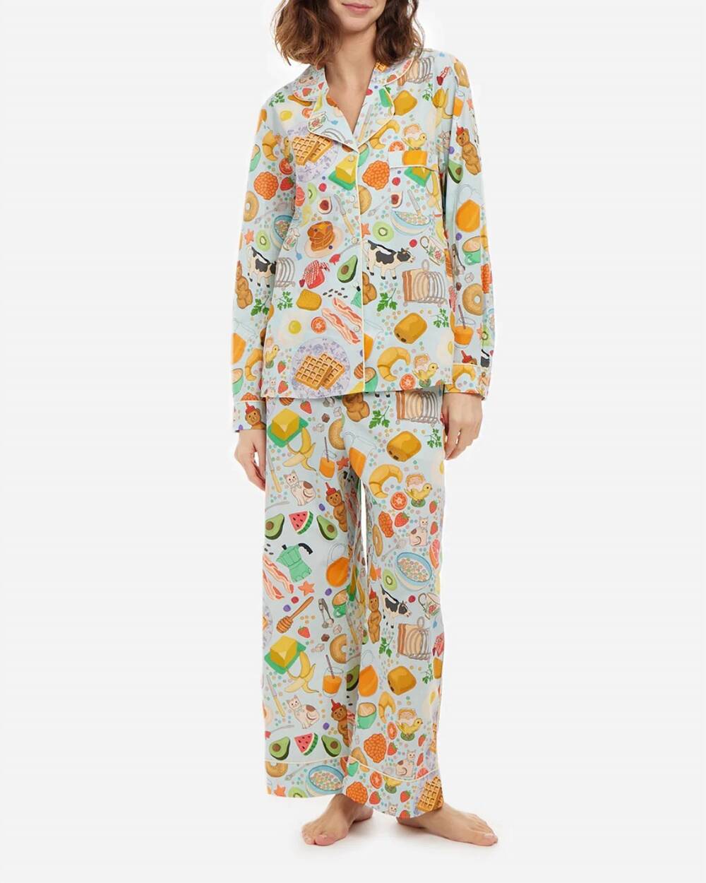 NEW KAREN MABON organic cotton printed long pajama set in pale blue breakfast